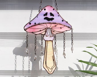 Suncatcher Magic Mushrooms purple Stained glass window hangings Whimsigoth decor Halloween wall art Cottage core Mushroom Dream catcher