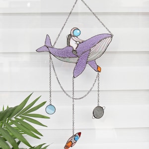 Art astronaut and whale Sun catcher Dreamcatcher space decor Saturn display panel Wall art decor Funny home decor Window hangings decor Purple