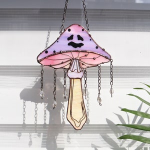 Suncatcher Magic Mushrooms purple Stained glass window hangings Whimsigoth decor Halloween wall art Cottage core Mushroom Dream catcher