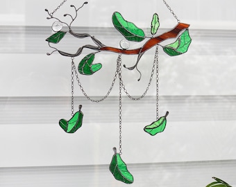 Dreamcatcher leaves decor Stained glass Wall room decor Hand made gift Suncatcher Wall and Window Decor Green Leaf