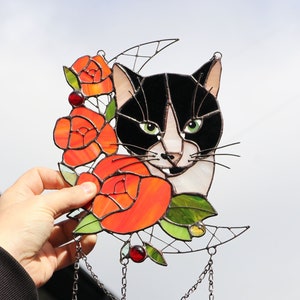 Custom pet portreit with rose Pet portrait from photo Suncatcher Dreamcatcher style Stained glass Window hanging decor Custom gift