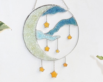 Dreamcatcher cresent moon with stars Stained glass moon suncatcher Wall decor for home Clear glass hand made gift Decor glass recycling