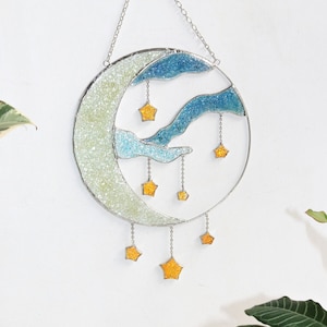 Dreamcatcher cresent moon with stars Stained glass moon suncatcher Wall decor for home Clear glass hand made gift Decor glass recycling