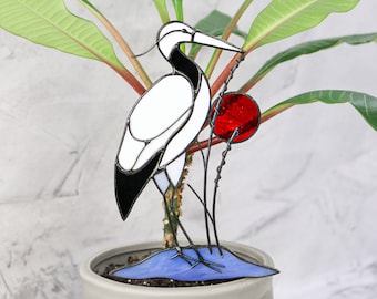 Decor in a flowerpot crane bird Plant stake Stained glass Crane bird Japan decor Mothers day gift idea Garden decor Bird decor Gift ideas