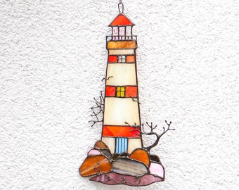 Suncatcher vuurtoren Gebrandschilderd glas Raampaneel Wall Art Decor Home decor Marine thema Idee van de verjaardagscadeau