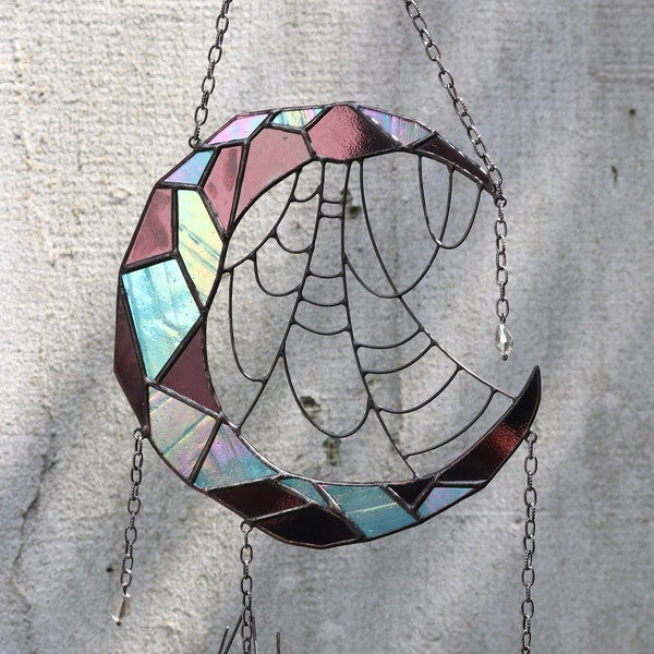 Dreamcatcher Moon with web and spider Gothic decor Halloween Spider web Stained glass Suncatcher Stain glass window hangings