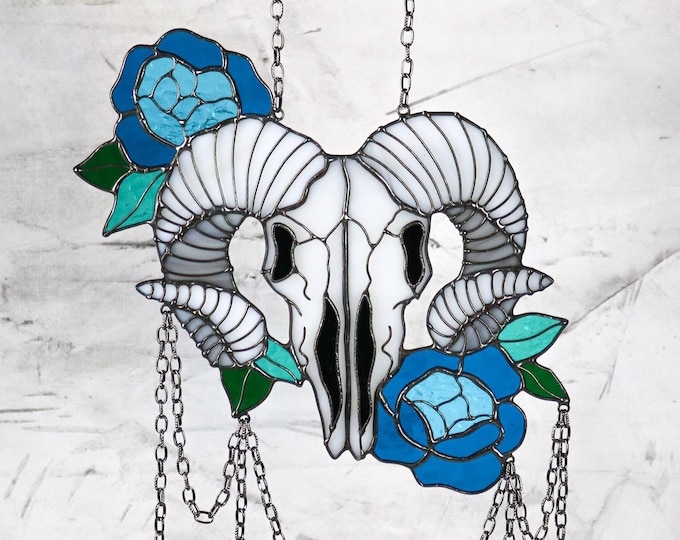 Suncatcher Skull Ram with peony Dreamcatcher Aries decor Stained glass Gothiс Art decor Wall hanging Window panel Hand made gifts
