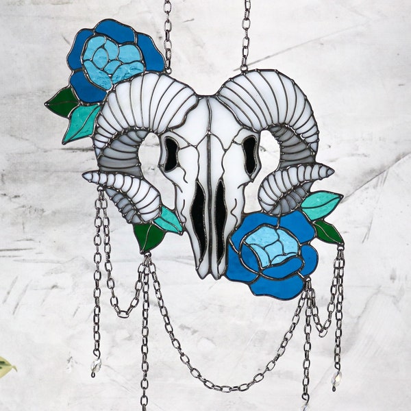 Suncatcher Skull Ram with peony Dreamcatcher Aries decor Stained glass Gothiс Art decor Wall hanging Window panel Hand made gifts