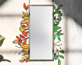 Wall mirror rectangular vertical and horizontal with leaves Stained glass Stylish self sufficient tree Author's home decor Mothers day gift