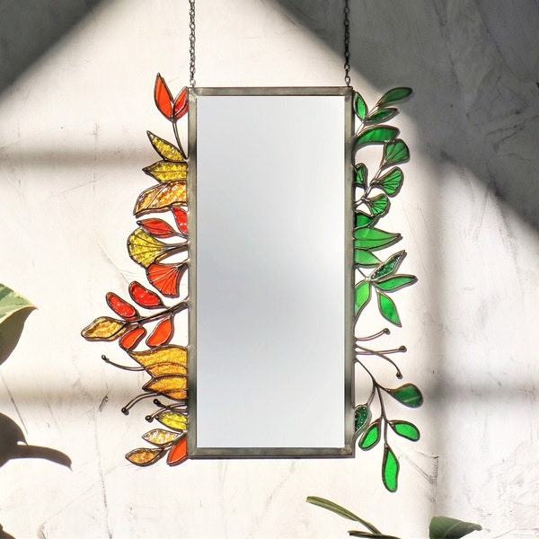Wall mirror rectangular vertical and horizontal with leaves Stained glass Stylish self sufficient tree Author's home decor Mothers day gift