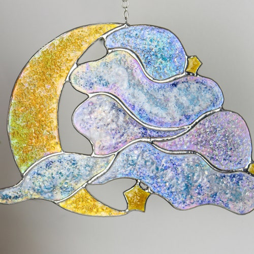 Stained Glass Moon Suncatcher Facets Moon Dreamcatcher Wall Etsy