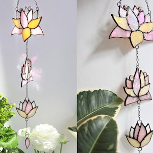 Dreamcatcher pink lotus Stained glass lotus Suncatcher Wall moon decor for room Hand made gift Mothers day gift idea