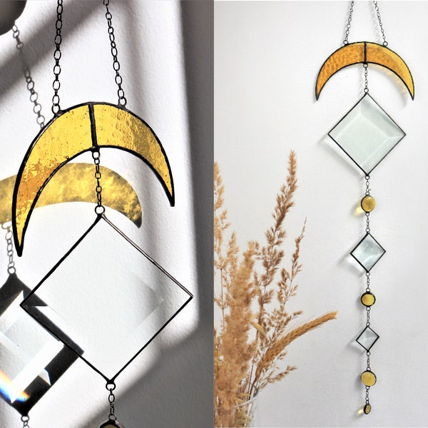 Suncatcher facets and moon Stained glass Window hangings Room decor aesthetic minimalist Handmade Stain glass Mother's day gift