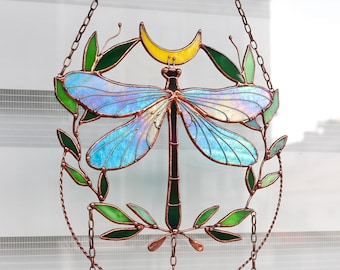 Suncatcher Dragonfly with moon and leaves Dreamcatcher Stained glass Window hangings Wall art decor Hand made Glass garden decor