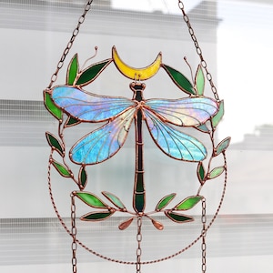 Suncatcher Dragonfly with moon and leaves Dreamcatcher Stained glass Window hangings Wall art decor Hand made Glass garden decor image 1