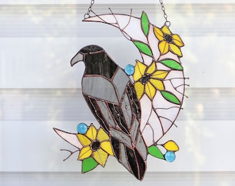 Suncatcher crow moon and sunflowers Stained glass crow Moon decor Wall decor for room Hand made gift Halloween gift idea