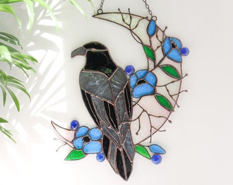 Suncatcher crow moon and flowers Stained glass crow Moon decor Wall decor for room Hand made gift Halloween gift idea Decor from ukraine