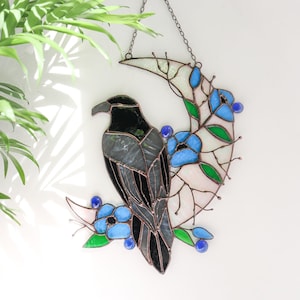 Suncatcher crow moon and flowers Stained glass crow Moon decor Wall decor for room Hand made gift Halloween gift idea Decor from ukraine