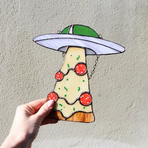 Sun catcher UFO pizza Stained glass window hangings Handmade gift Unique home decor Gifts for friends Kitchen decor wall Glass Food art