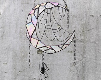 Dreamcatcher Moon with web and spider Gothic decor Halloween Spider web Stained glass Suncatcher Stain glass window hangings