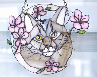 Custom pets portrait with sakura Stained glass Suncatcher Cat Dog Window decor Hanging Personalized gift idea Custom portrait from photo