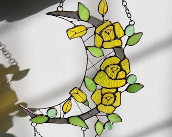 Dreamcatcher crescent moon with rose Stained glass rose Suncatcher rose Suncatcher moon Wall art decor for room Gifts for her