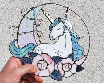 Suncatcher Unicorn Rose Moon Decor Stained glass Wall room decor Cute Home decor Window panel Flower Spring decor Birthday gift idea