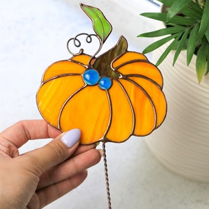 Plant stale Orange pumpkin Stained glass Suncatcher for garden Decor for flowerpot Garden Halloween decor Gifts for gardeners image 5