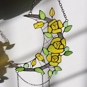 Dreamcatcher crescent moon with rose Stained glass rose Suncatcher rose Suncatcher moon Wall art decor for room Gifts for her
