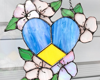 Suncatcher heart with flowers Ukrainian stained glass Window hangings Wall room decor moon Home decor panel Flower decor