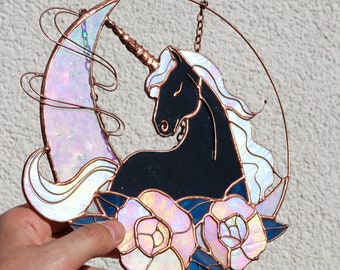 Suncatcher Unicorn Rose Moon Decor Stained glass Wall room decor Cute Home decor Window panel Flower decor Birthday gift idea