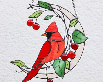 Suncatcher cardinal bird and moon Stained glass Art Wall room decor Home decor Window panel decor Birthday gift idea
