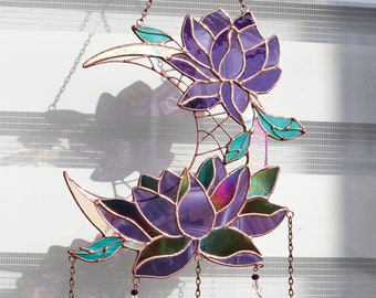 Dreamcatcher purple lotus with moon Stained glass Suncatcher Wall room decor Cute Home decor Window panel Flower decor Birthday gift idea