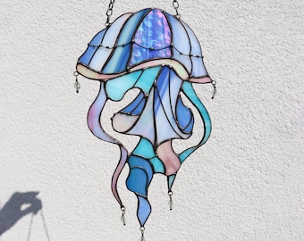 Suncatcher Jellyfish with beads Stained glass Window hangings decor Ocean wall art Hand made gifts Blue wall art