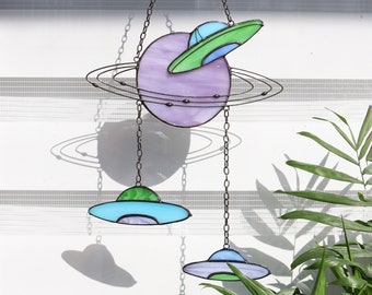 Dreamcatcher UFO and Saturn Stained glass decor Suncatcher UFO Window panel Wall decor for a room UFO Art Cosmos art Space theme