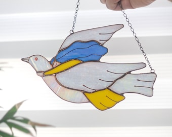 Suncatcher Dove and girl Stained glass Wall hanging decor Cute Home decor Window panel Bird decor Birthday gift idea