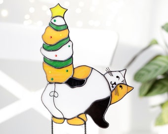 Estaca de planta con forma de gato y cola de espiga Decoración de jardín Vidrieras Decoración navideña para el hogar Atrapasol Amante de los gatos Arte de jardín en vidrio Regalos para gatos