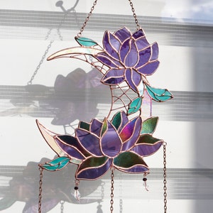 Dreamcatcher purple lotus with moon Stained glass Suncatcher Wall room decor Cute Home decor Window panel Flower decor Birthday gift idea
