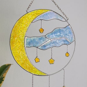 Attrape-rêves attrape-rêves lune en verre teinté attrape-rêves pour la maison attrape-rêves lune fait main bleu et jaune