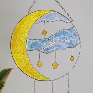 Dreamcatcher cresent moon with stars Stained glass moon suncatcher Wall decor for home Moon dreamcatcher handmade decor Blue and yellow