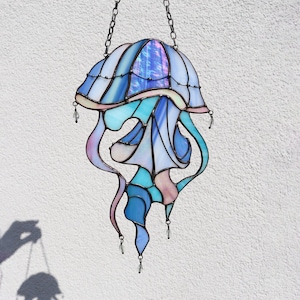 Suncatcher Jellyfish with beads Stained glass Window hangings decor Ocean wall art Hand made gifts Blue wall art