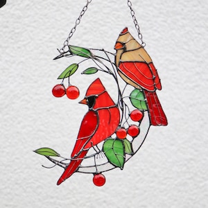 Suncatcher Cardinals birds Moon Cherry Stained glass Art Wall Home decor Window panel decor Mother gift