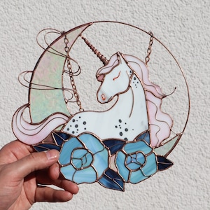 Suncatcher Unicorn Stained glass Flowers Porch decor Moon Window Hanging Cute Home decor Birthday gift idea Hand made Art Kids room decor