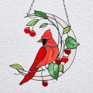 Suncatcher Kardinal Vogel und Mond Glasmalerei Fensterbilder Traumfänger Vogel Kunst Wohndeko Fenster Geburtstag Geschenkidee Weihnachtsdeko