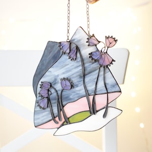 Suncatcher Mountain with flowers Stained glass window hangings Glass art Mountain wall art Best friend gift Mountain sun catcher Gift ideas