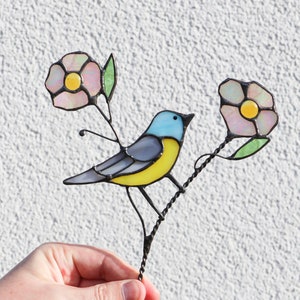 Estaca de planta de pájaro, vitral, carbonero común, macetas, decoración de jardín al aire libre, estaca de planta decorativa para el hogar, regalo para el día de la madre