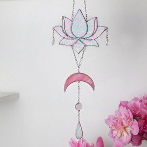 Dreamcatcher white lotus with moon Stained glass lotus Suncatcher Wall moon decor for room Lotus flower decor Mothers day gift idea