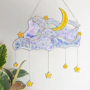 Dreamcatcher cresent moon with cloud with stars Stained glass decor Suncatcher moon Suncatcher cloud Wall decor for home Cloud decor
