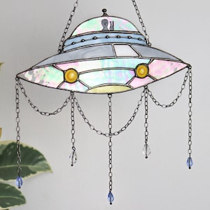 Dreamcatcher UFO Stained glass decor Suncatcher UFO Window panel Wall decor for a room UFO Art Cosmos art Unique decor image 1