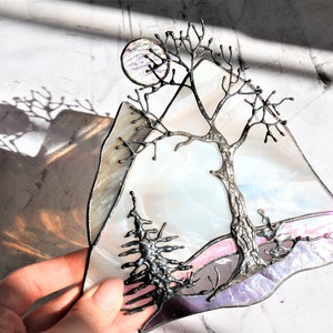 Stained glass scenery mountains with moon and forest Suncatcher wall and window decor